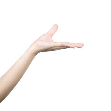 Asian woman holding hand empty for product or text isolated on white backgroundの写真素材