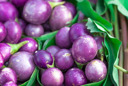 Purple eggplants in banana leaves packaging at the market in Thailandの写真素材