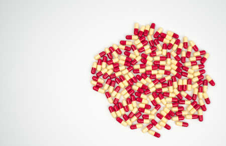 Colorful of antibiotic capsules pills isolated on white background, drug resistance conceptの写真素材