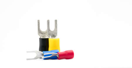 Group of spade terminals electrical cable connector accessories isolated on white backgroundの写真素材