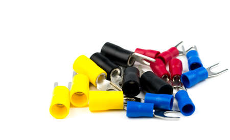 Group of spade terminals electrical cable connector accessories isolated on white backgroundの写真素材