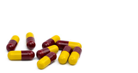 Colorful of antibiotic capsules pills isolated on white background   drug resistance conceptの写真素材