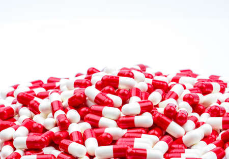 Selective focus of antibiotic capsules pills on blur background with copy space. Drug resistance concept. Antibiotics drug use with reasonable and global healthcare concept.の写真素材