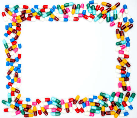 Colorful of antibiotics capsule pills on white background with copy space. Drug resistance concept. Antibiotics drug use with reasonable and global healthcare concept. Background for textの写真素材