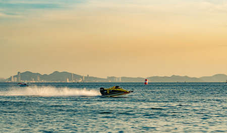 CHONBURI, THAILAND-NOVEMBER 25, 2017 : boat with beautiful sky and sea in Bangsaen Power Boat 2017 at Bangsaen beach in Thailandのeditorial素材