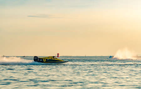 CHONBURI, THAILAND-NOVEMBER 25, 2017 :   boat with beautiful sky and sea in Bangsaen Power Boat 2017 at Bangsaen beach in Thailandのeditorial素材