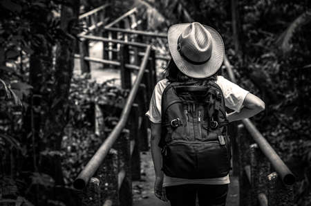 Black and white photo of Asian woman tourist with hat and backpack standing and start walking on nature trail bridge in evergreen forest. Alone young woman traveler.の写真素材