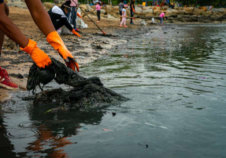 Volunteers wear orange rubber gloves to collect garbage on the beach. Beach environment pollution. Volunteers cleaning the sand. Tidying up rubbish on beach. Oil stains on the beach. Oil leak to sea.のeditorial素材