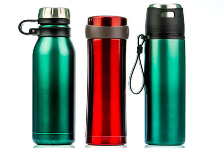 bottle isolated on  background. Coffee or tea reusable bottle container.  travel tumbler. Insulated...