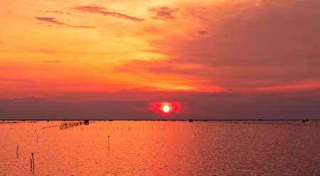 Beautiful sunset sky. Beach sunset. Twilight sea and sky. Tropical sea at dusk. Dramatic orange and golden sky. Calm sea. Sunset abstract background. Golden sky in the evening. Calm and relax life.の写真素材