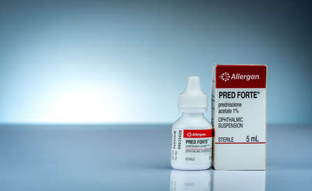 CHONBURI, THAILAND-OCTOBER 17, 2018 : Pred Forte 5 ml. Prednisolone acetate 1% ophthalmic...