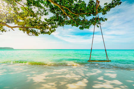 Wooden swings hang from branch of tree at seaside. Emerald green sea water with blue sky and white clouds on summer. Summer vibes. Summer vacation. Empty swings at sand beach with morning sun light .の写真素材