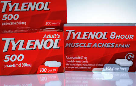 CHONBURI, THAILAND-OCTOBER 27, 2018 : Tylenol 500 mg and Tylenol 8 hour 650 extended-release caplets...