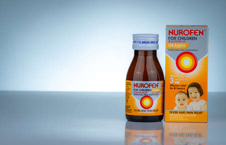 CHONBURI, THAILAND-OCTOBER 27, 2018 : Nurofen in amber bottle on gradient background. Ibuprofen oral...