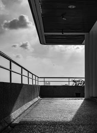 Balcony of contemporary architecture. Modern terrace of apartment. Outside the building. Balcony...