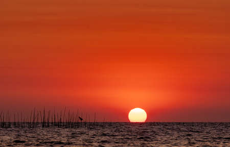 Big sun over the sea at sunset. Beautiful sunset sky and skyline. Red romantic sky for peaceful and tranquil background. Inspiration and quote background. Beauty in nature. Summer beach scene. Ocean.の写真素材
