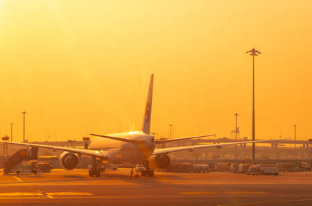BANGKOK, THAILAND-FEBUARY 20, 2020 : Airplane parked at airfield of airport with golden sunrise sky. Summer travel concept. Aviation business and cargo concept. Rear view of plane and worker.のeditorial素材