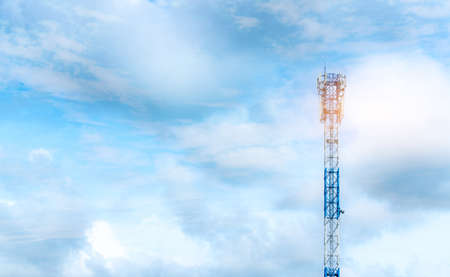 Telecommunication tower with clear blue sky background. Antenna on blue sky. Radio and satellite...