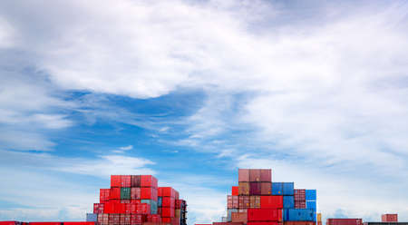 Container logistic. Cargo and shipping business. Container ship for import and export logistic. Container freight station. Logistic industry from port to port. Container at harbor for truck transport.の写真素材