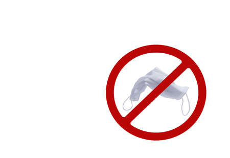 Used white surgical face mask in red forbidden symbol on white background. No discard used medical...