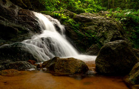 Beautiful waterfall in jungle. Waterfall in tropical forest with green tree and sunlight. Waterfall...