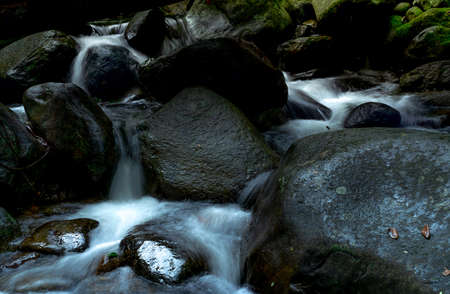 Black rock at waterfall with green moss and sunshine on rock. Waterfall is flowing in jungle....