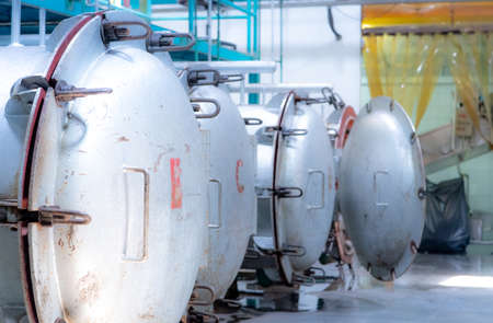 High pressure processing or high hydrostatic pressure machine for food product. Metal tank in food manufacturing factory. Food preservation by pasteurizing in high pressure processing to pathogen freeの写真素材