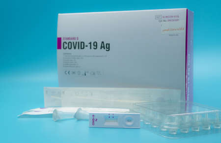 CHONBURI, THAILAND-JULY 26, 2021 : Standard Q COVID-19 Ag Test manufactured by SD Biosensor. Rapid...