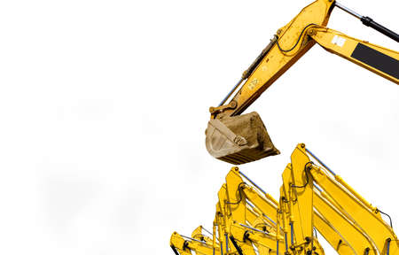 Backhoe with hydraulic piston arm isolated on white background. Backhoe bucket loading soil. Digger machine. Hydraulic machinery. Bulldozer or excavator machine. Excavator for sale and rent business.の写真素材