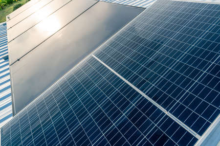Solar panels or photovoltaic module. Solar power for green energy. Sustainable resources. Renewable energy. Clean technology. Solar cell panels use sun light as a source to generate electricity.の写真素材
