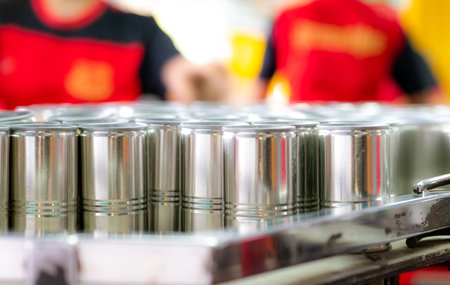 Many cans on blur workers. Canned fish factory. Food industry. Workers working in canned food factories to fill sardines in tinned cans. Food processing production line. Food manufacturing industry.の写真素材