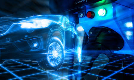 EV car and electric car charging station in a futuristic vehicle concept. EV car charging point at...