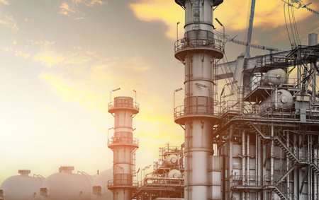 Gas turbine electrical power plant. Global energy crisis concept. Natural gas tank. Industrial gas...