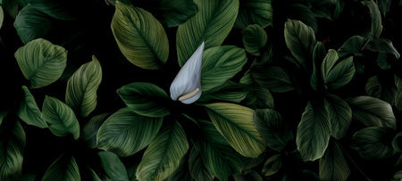 Closeup green leaves and white flower of tropical plant in garden. Dense green leaf with beautiful pattern texture background. Green leaves for spa background. Top view ornamental plant in garden.の写真素材