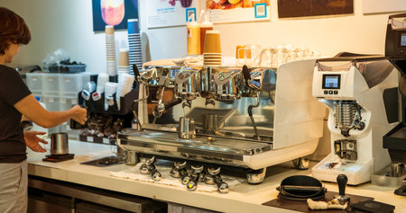 Barista working with coffee machine in coffee shop. Coffee maker for make espresso, americano,...
