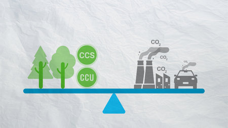 Carbon neutrality concept. Carbon dioxide reduction. CO2 gas emissions balance with carbon absorbed by trees and carbon capture technology. CO2 neutral balancing scale. Factory and transport pollutionの写真素材