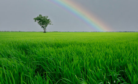 Landscape of green rice field with a lonely tree and rainbow sky. Rice plantation. Green rice paddy field. Agricultural field. Farm land in Thailand. Land plot. Beauty in nature. Green season.の写真素材