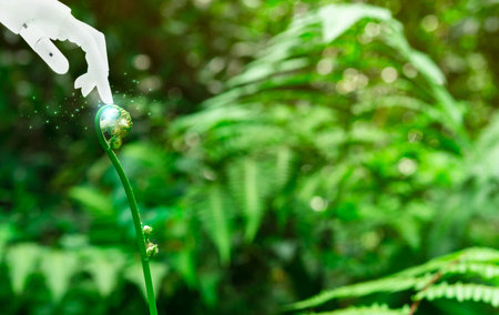 Green robots for sustainability concept. Robot hand touch green plant leaf on green leaves...