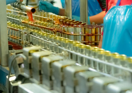 Canned fish factory. Food industry.  Sardines in red tomato sauce in tinned cans on conveyor belt at...