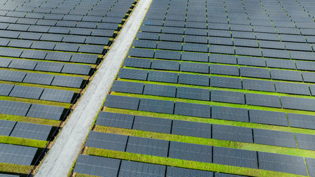 Aerial view of solar farm. Solar power for green energy. Sustainable resources. Solar cell panels...