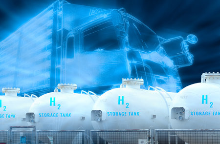 Electric truck with H2 fuel storage tank. Blue hydrogen concept. Electric vehicle trailer truck. Sustainable energy. Net zero emissions by 2050. Commercial logistic truck transport with green power.の写真素材