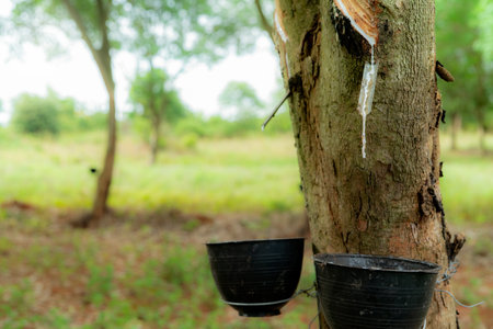 Rubber tapping in rubber tree garden. Natural latex extracted from para rubber plant. Rubber tree plantation. The milky liquid or latex oozes from wound of tree bark. Latex collect in small bucket.の写真素材