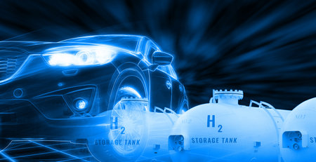 Electric car with H2 fuel storage tank. Fuel cell electric vehicle. Sustainable energy. Futuristic...