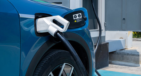 Car charging at electric car charging station. Electric vehicle charger station for charge EV...