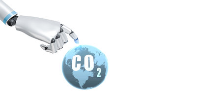 Carbon neutral concept. Robot hand touches CO2 in globe map isolated on white background. Global...