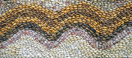 Pebbles stone wall texture background. Pebbles mosaic. Wave pattern design beach pebbles on concrete wall abstract background. Embedding individual stones in cement. Natural stone pebbles. Simple wallの写真素材