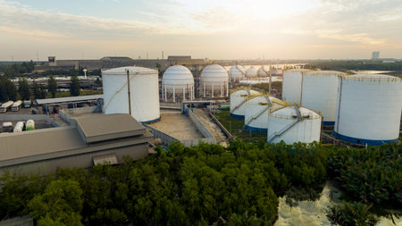 <p>Aerial view of industrial gas storage tank in factory. LNG or liquefied natural gas storage tank. Global energy crisis. Energy price crisis. Natural gas storage industry. Above-ground gas storage tank</p>のeditorial素材