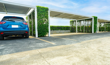 Car parking lot with empty space. Parking zone on sunny summer day and empty space. Rearview of blue SUV car parked at outdoor car parking lot with green hedge fence. Eco-friendly outdoor parking lot.の写真素材