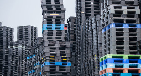 Pile of plastic shipping pallet. Industrial plastic pallet stacked at factory warehouse. Cargo and shipping concept. Plastic pallet rack for export delivery industry. Plastic pallet storage warehouse.の写真素材