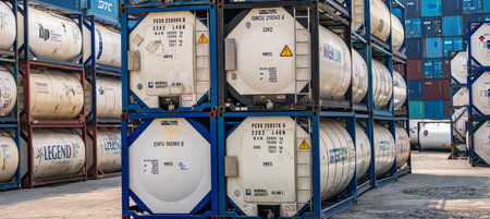 SAMUT PRAKAN, THAILAND-APRIL 16, 2023: Chemical tank container. ISO tank container for chemical...
